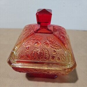 Vintage Jeanette Amberina Glass Covered Candy Dish Compote Red Orange Ombré